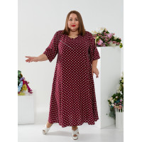 Довга бордова сукня в горошок 2214-3 для повних