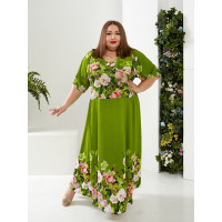 Довга зелена сукня 3521-2 з яскравими квітковими принтами для повних жінок.
