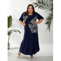 Темно-синій костюм зі спідницею та білим квітковим візерунком для жінок великих розмірів 3645-2