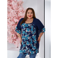 Туніка 3595-3 в синіх і блакитних відтінках з витонченим квітковим візерунком