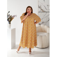 Гірчична сукня 2214-15 великих розмірів зі штапелю з ніжним квітковим принтом