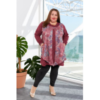 Туніка 3443-2 для повних з напівпрозорою накидкою з рослинним принтом