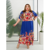 Синя сукня 3532-1 з малюнками різнокольорових квітів великих розмірів