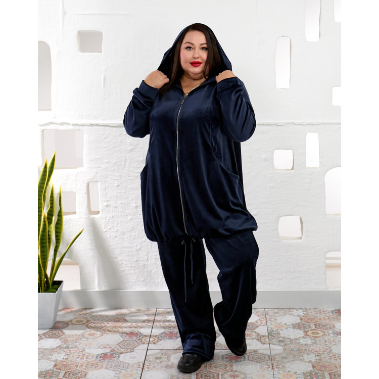 Темно-синій велюровий костюм 2225-1 великих розмірів