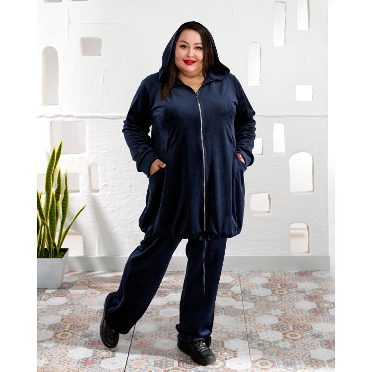 Темно-синій велюровий костюм 2225-1 великих розмірів