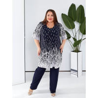 Синій костюм 3576-4 з тунікою з купона з білим вкрапленням