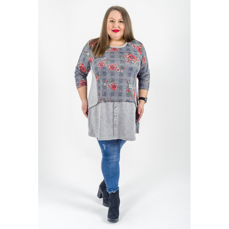 Туніка 3312-3 сірого кольору з кораловими трояндами та декоративними гудзиками