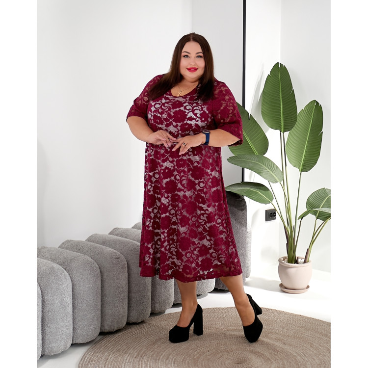 Бордове плаття-гіпюр 3646-3 великий розмірів