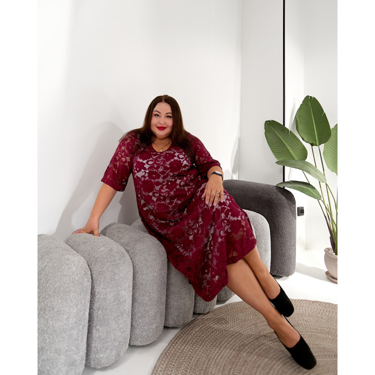 Бордове плаття-гіпюр 3646-3 великий розмірів
